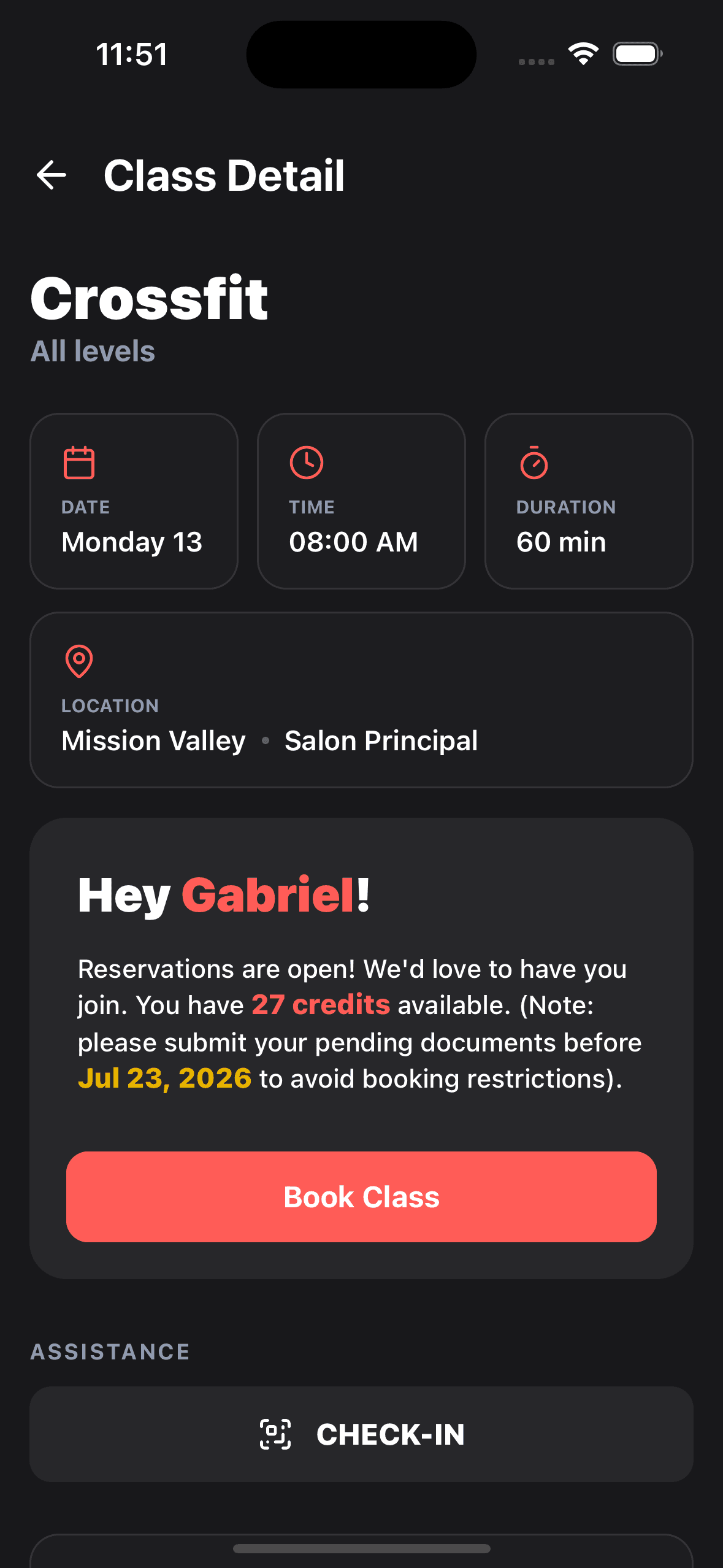 Member app class booking