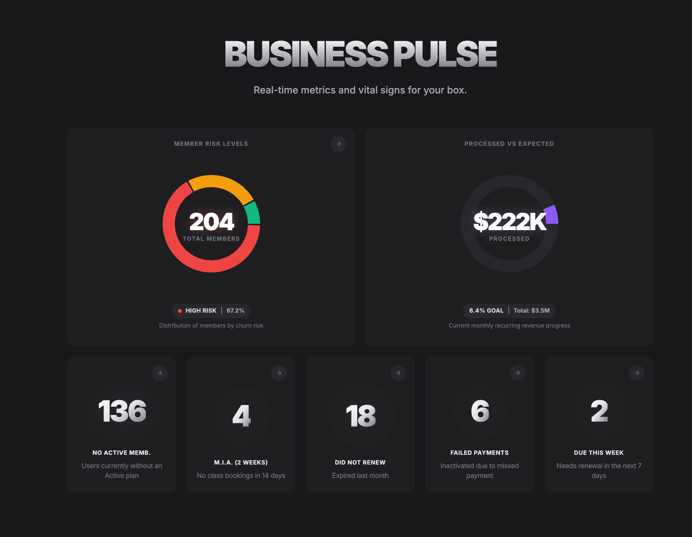 Business Pulse: members at risk, no-shows, failed payments and revenue
